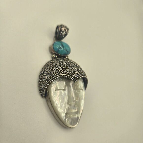 Vintage 925 Sterling Silver Abalone Goddess Bali Pendant Turquoise 2.75" - Picture 3 of 6